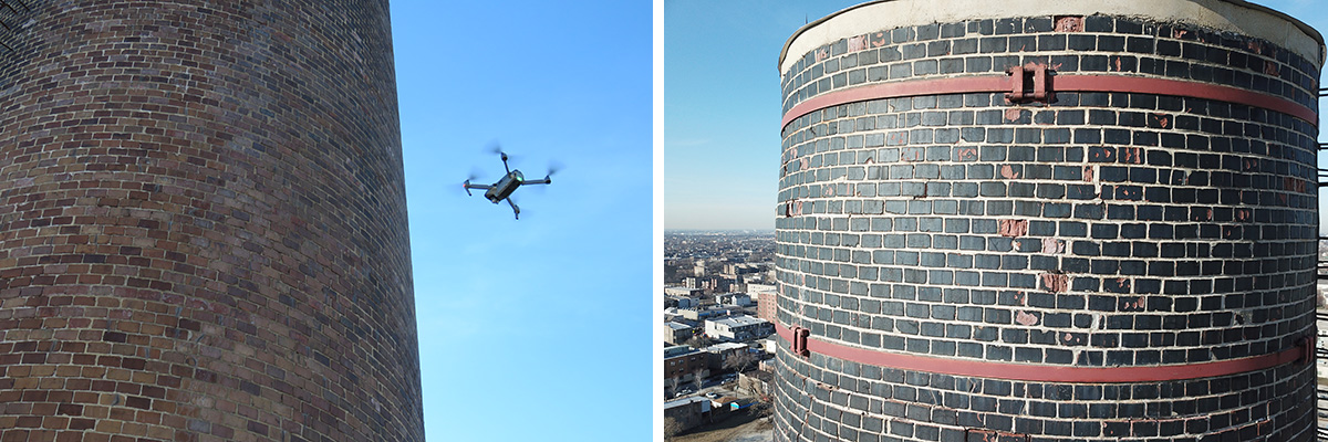 Drone inspects bricks on a smoke stack