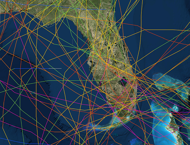 Map of hurricanes in Florida