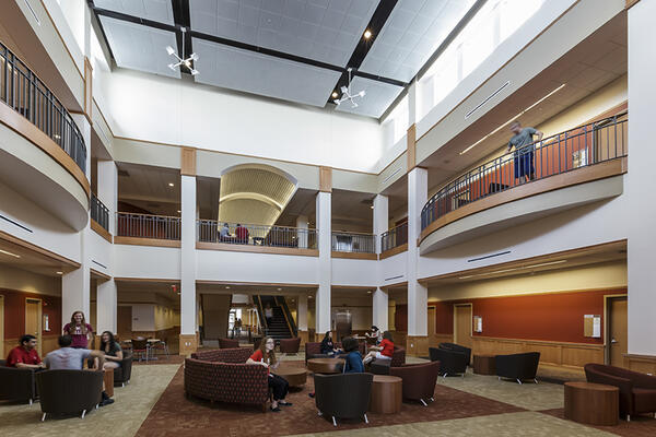 Monmouth College students in lobby