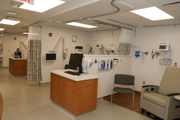 The Cancer Care & Hematology department moved to the second floor and features individual treatment bays, and a nutrition center was added. 