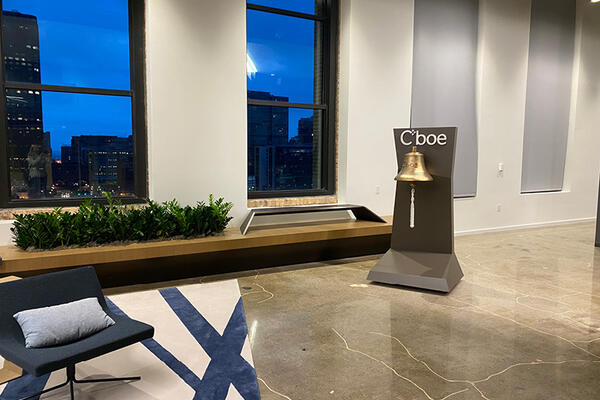 A kiosk with the Cboe bell was brought over from their previous space.