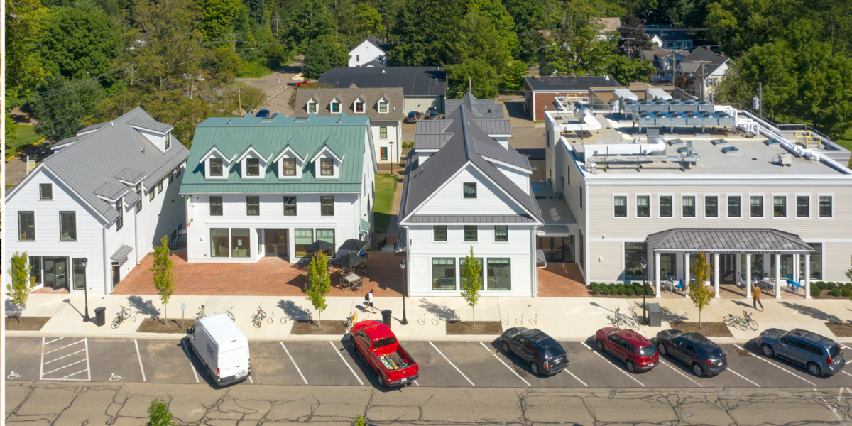 Drone image of all 4 buildings